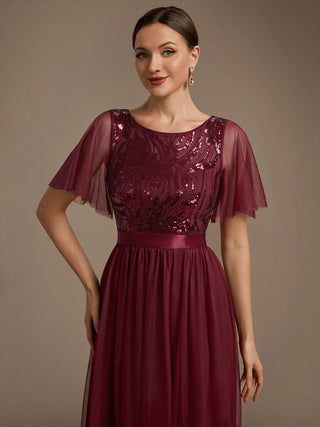 Plus Size Ruffle Sleeve Tulle Sequin A-Line Round Neck Evening Dresses