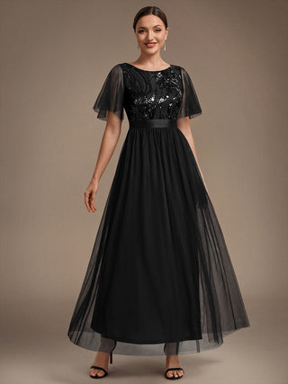 Plus Size Ruffle Sleeve Tulle Sequin A-Line Round Neck Evening Dresses