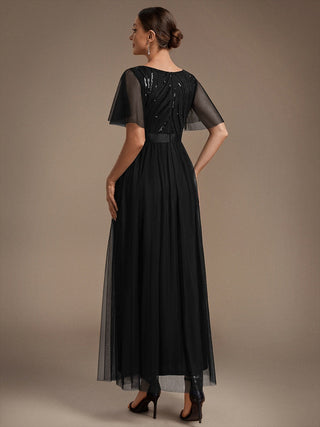 Plus Size Ruffle Sleeve Tulle Sequin A-Line Round Neck Evening Dresses
