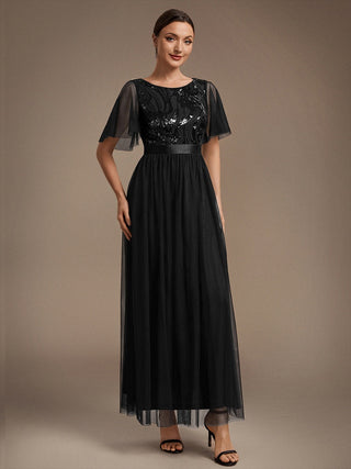 Plus Size Ruffle Sleeve Tulle Sequin A-Line Round Neck Evening Dresses