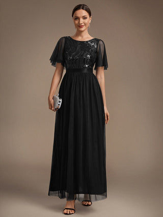 Plus Size Ruffle Sleeve Tulle Sequin A-Line Round Neck Evening Dresses