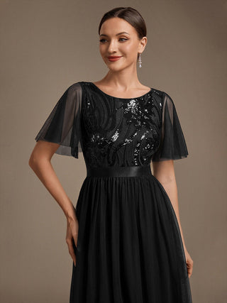 Plus Size Ruffle Sleeve Tulle Sequin A-Line Round Neck Evening Dresses