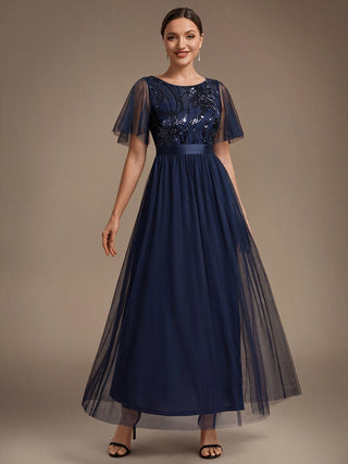 Plus Size Ruffle Sleeve Tulle Sequin A-Line Round Neck Evening Dresses