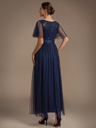 Plus Size Ruffle Sleeve Tulle Sequin A-Line Round Neck Evening Dresses