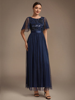 Plus Size Ruffle Sleeve Tulle Sequin A-Line Round Neck Evening Dresses