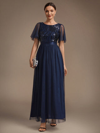 Plus Size Ruffle Sleeve Tulle Sequin A-Line Round Neck Evening Dresses