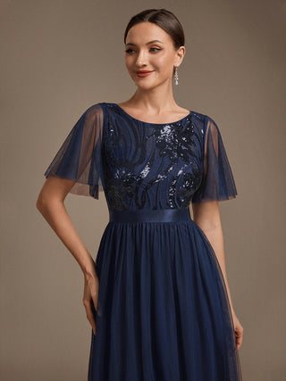 Plus Size Ruffle Sleeve Tulle Sequin A-Line Round Neck Evening Dresses
