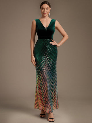 Plus Size Sleeveless V-Neck Ombre Sequin Mermaid Maxi Evening Dresses