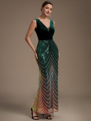 Plus Size Sleeveless V-Neck Ombre Sequin Mermaid Maxi Evening Dresses