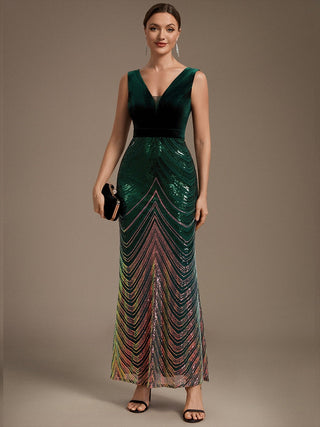 Plus Size Sleeveless V-Neck Ombre Sequin Mermaid Maxi Evening Dresses