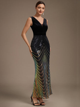 Plus Size Sleeveless V-Neck Ombre Sequin Mermaid Maxi Evening Dresses