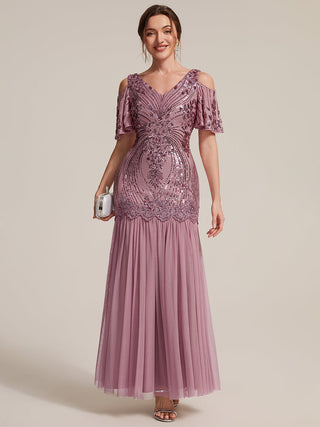 Plus Size Short Ruffle Sleeve Sequin V-Neck Sheath Evening Dresses