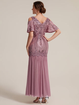 Plus Size Short Ruffle Sleeve Sequin V-Neck Sheath Evening Dresses
