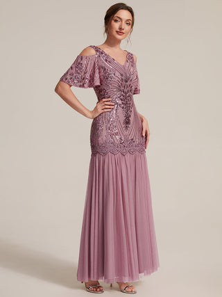 Plus Size Short Ruffle Sleeve Sequin V-Neck Sheath Evening Dresses