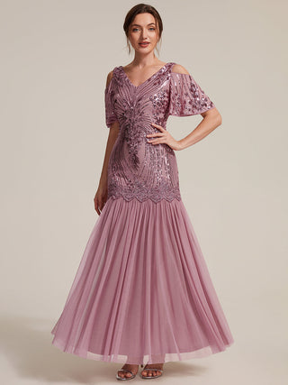 Plus Size Short Ruffle Sleeve Sequin V-Neck Sheath Evening Dresses
