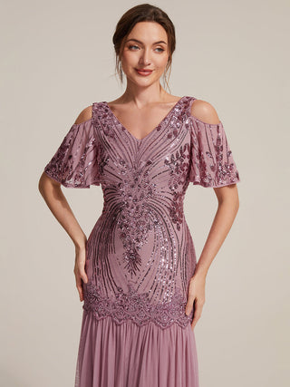 Plus Size Short Ruffle Sleeve Sequin V-Neck Sheath Evening Dresses
