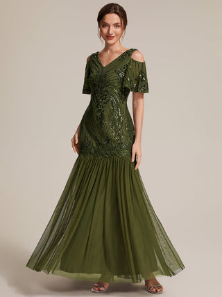 Plus Size Short Ruffle Sleeve Sequin V-Neck Sheath Evening Dresses