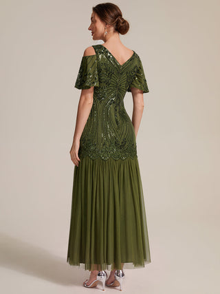 Plus Size Short Ruffle Sleeve Sequin V-Neck Sheath Evening Dresses