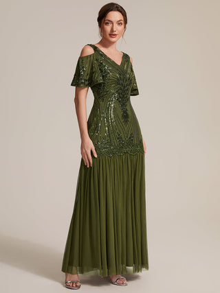 Plus Size Short Ruffle Sleeve Sequin V-Neck Sheath Evening Dresses