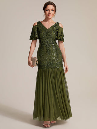 Plus Size Short Ruffle Sleeve Sequin V-Neck Sheath Evening Dresses