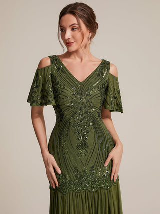 Plus Size Short Ruffle Sleeve Sequin V-Neck Sheath Evening Dresses
