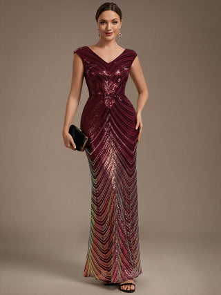 Plus Size Sequin Sleeveless V-Neck Mermaid Maxi Evening Dresses