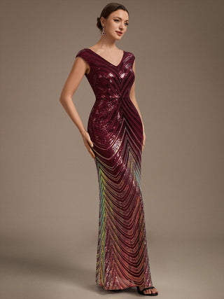 Plus Size Sequin Sleeveless V-Neck Mermaid Maxi Evening Dresses