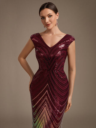 Plus Size Sequin Sleeveless V-Neck Mermaid Maxi Evening Dresses