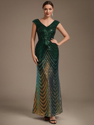 Plus Size Sequin Sleeveless V-Neck Mermaid Maxi Evening Dresses