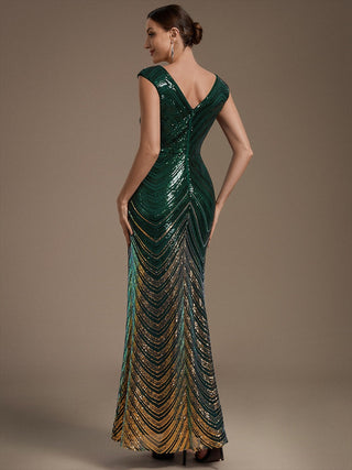 Plus Size Sequin Sleeveless V-Neck Mermaid Maxi Evening Dresses
