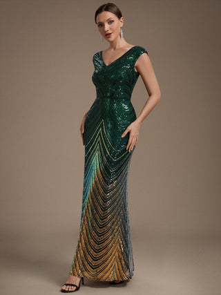 Plus Size Sequin Sleeveless V-Neck Mermaid Maxi Evening Dresses