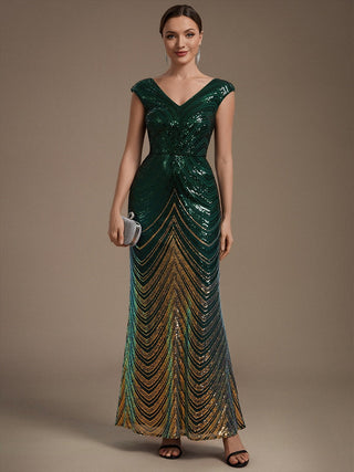 Plus Size Sequin Sleeveless V-Neck Mermaid Maxi Evening Dresses