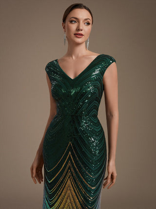 Plus Size Sequin Sleeveless V-Neck Mermaid Maxi Evening Dresses