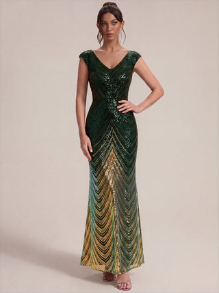 Plus Size Sequin Sleeveless V-Neck Mermaid Maxi Evening Dresses