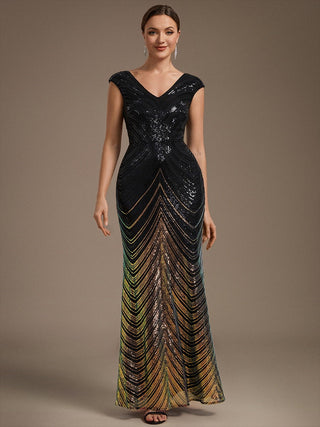 Plus Size Sequin Sleeveless V-Neck Mermaid Maxi Evening Dresses