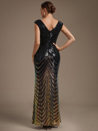 Plus Size Sequin Sleeveless V-Neck Mermaid Maxi Evening Dresses