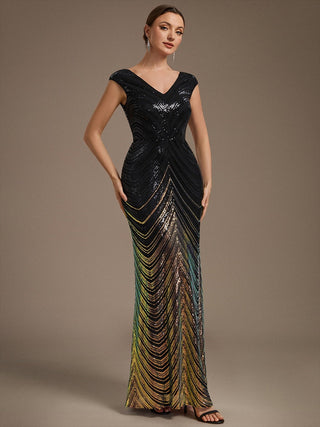 Plus Size Sequin Sleeveless V-Neck Mermaid Maxi Evening Dresses