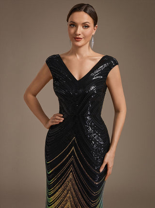 Plus Size Sequin Sleeveless V-Neck Mermaid Maxi Evening Dresses