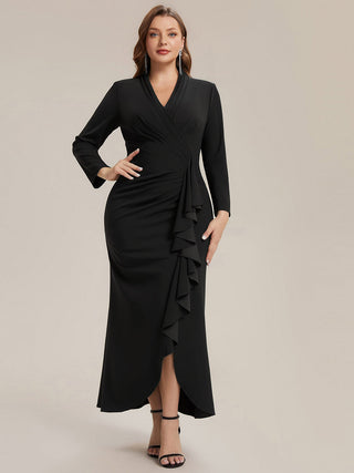 Commercial Long Sleeve V-Neck High Stretch Bodycon Dress with Slit & Ruffle Evening Dresses
