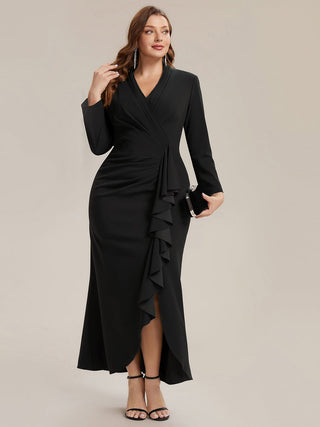 Commercial Long Sleeve V-Neck High Stretch Bodycon Dress with Slit & Ruffle Evening Dresses