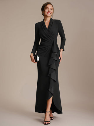 Commercial Long Sleeve V-Neck High Stretch Bodycon Dress with Slit & Ruffle Evening Dresses