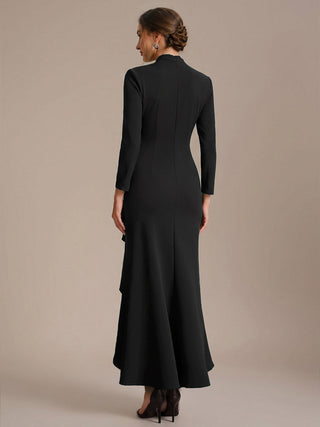 Commercial Long Sleeve V-Neck High Stretch Bodycon Dress with Slit & Ruffle Evening Dresses
