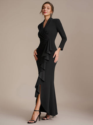 Commercial Long Sleeve V-Neck High Stretch Bodycon Dress with Slit & Ruffle Evening Dresses