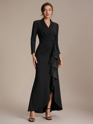 Commercial Long Sleeve V-Neck High Stretch Bodycon Dress with Slit & Ruffle Evening Dresses