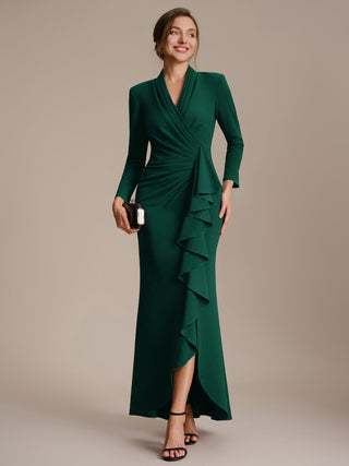 Commercial Long Sleeve V-Neck High Stretch Bodycon Dress with Slit & Ruffle Evening Dresses