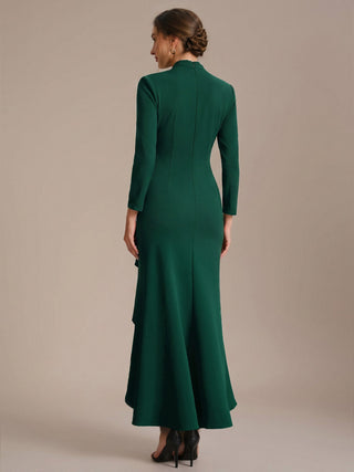 Commercial Long Sleeve V-Neck High Stretch Bodycon Dress with Slit & Ruffle Evening Dresses