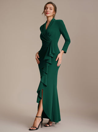 Commercial Long Sleeve V-Neck High Stretch Bodycon Dress with Slit & Ruffle Evening Dresses