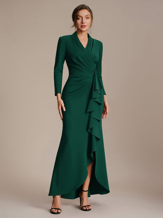 Commercial Long Sleeve V-Neck High Stretch Bodycon Dress with Slit & Ruffle Evening Dresses