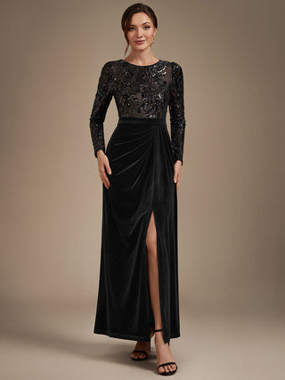 Plus Size Velvet Long Sleeve Round Neck Sheath Sequin Evening Dresses