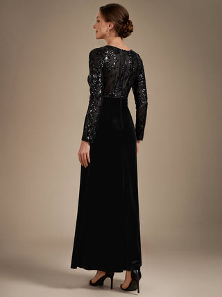 Plus Size Velvet Long Sleeve Round Neck Sheath Sequin Evening Dresses